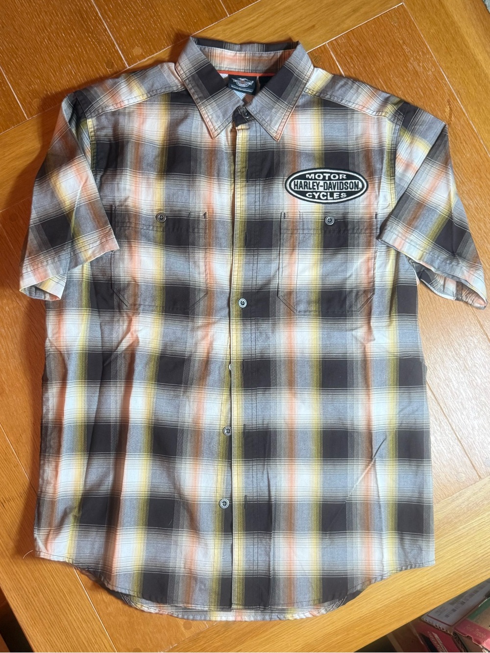 Harley-Davidson Men’s Short Sleeve Plaid Shirt — Black. Orange and Yellow